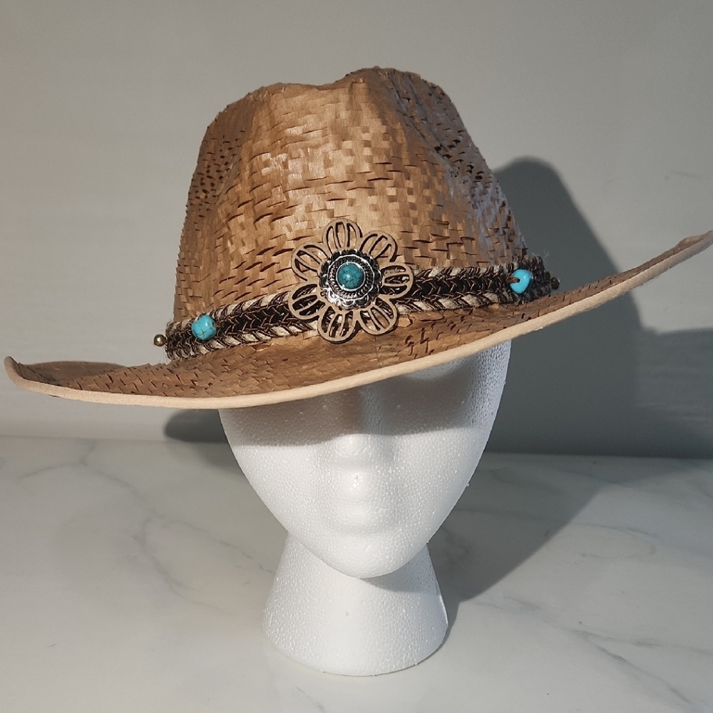 Elegant Tan Straw Look Hand Crafted Artisan Hat with Turquoise Details